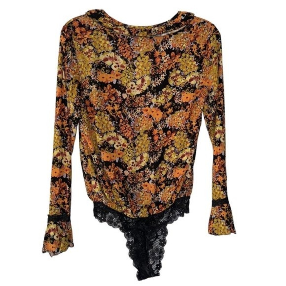 Intimately By Free People Floral Ruffle V-Neck Bodysuit Black Lace XS - Picture 6 of 8